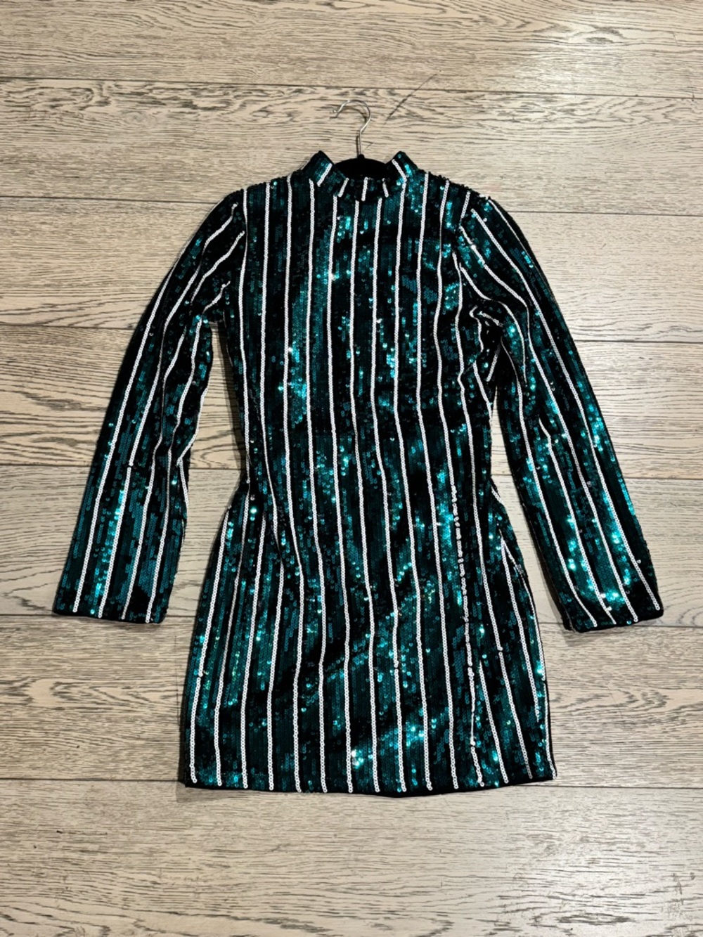 Teal & Black Sequin Striped Mini Dress With Open Back